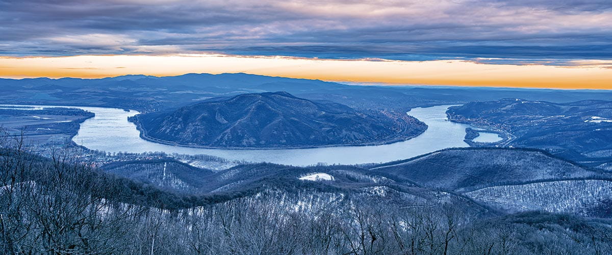 The winter landscape surrounding the Danube river